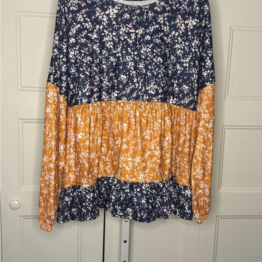 Navy and Orange Floral Long Sleeve Blouse